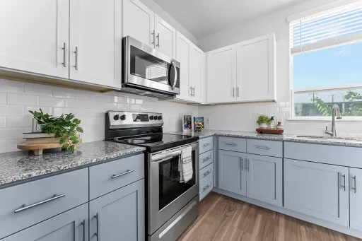 Kitchen with blue and white cabinets